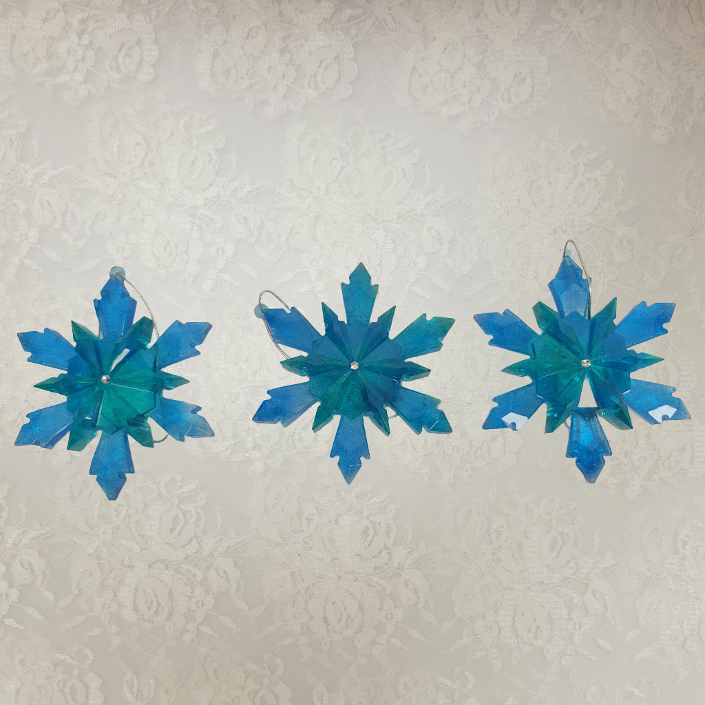 Speckled Blue Star Ornaments with Rhinestone Center, 3 Pack