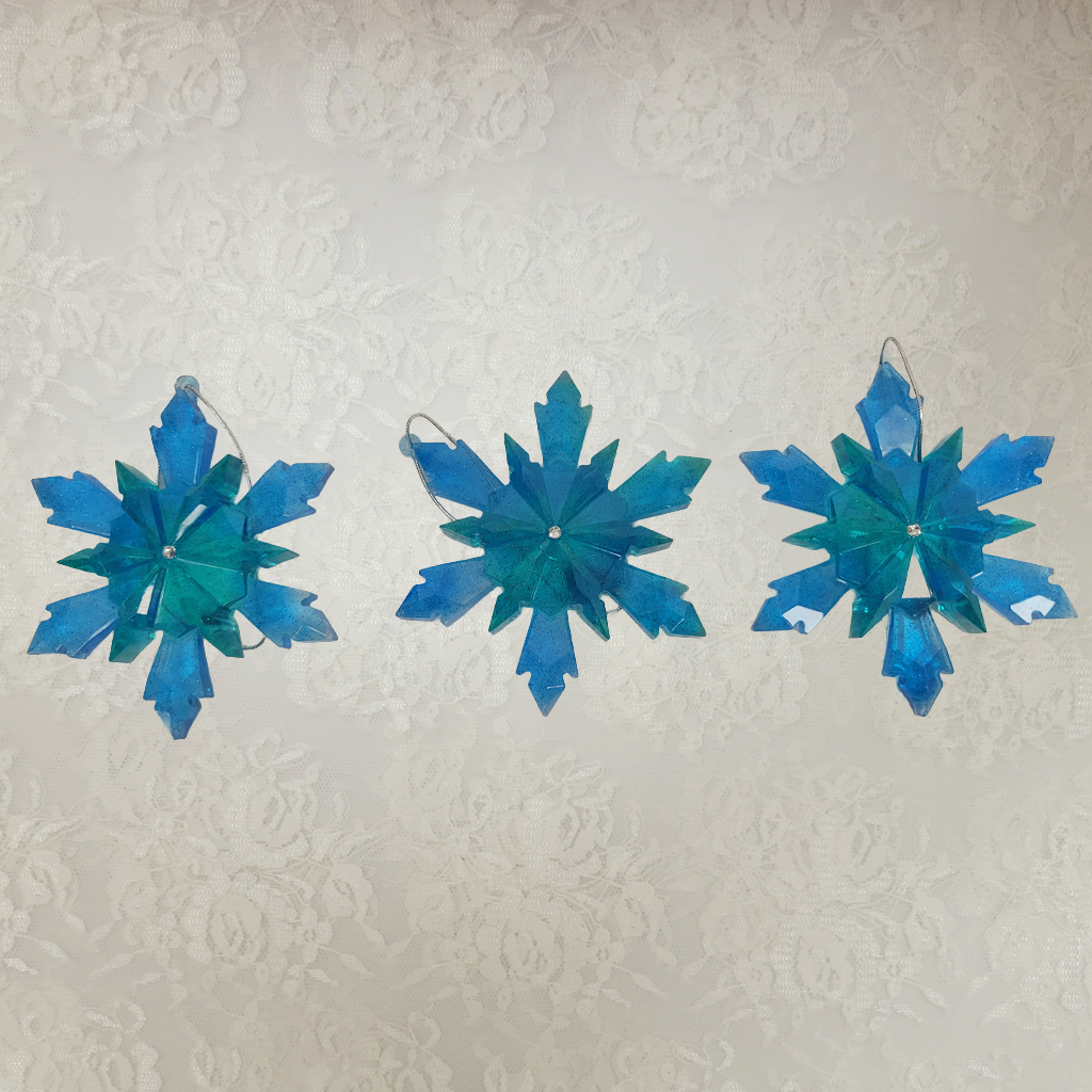 Speckled Blue Star Ornaments with Rhinestone Center, 3 Pack