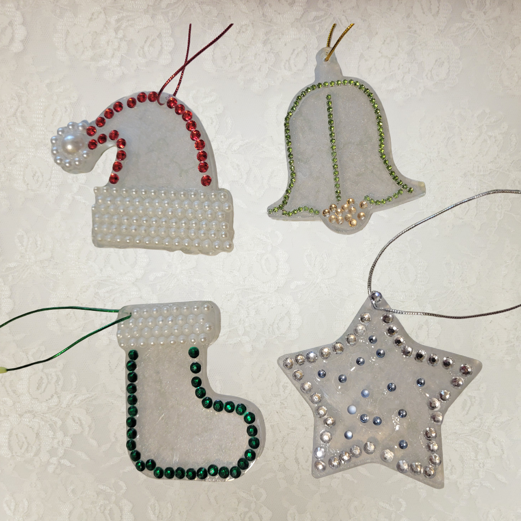 Christmas Rhinestone Embellished Ornaments, 4 Pack, Each Different