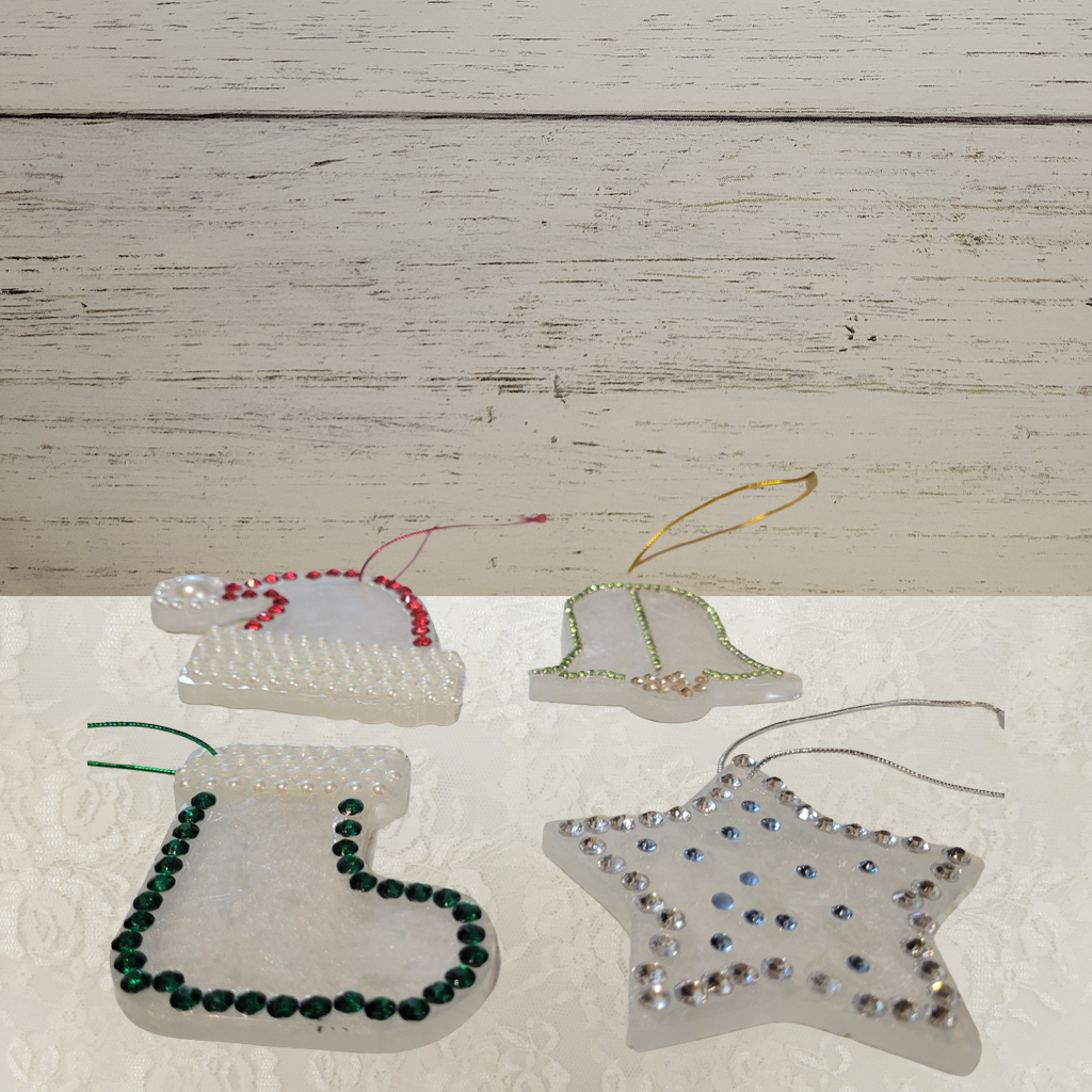 Christmas Rhinestone Embellished Ornaments, 4 Pack, Each Different