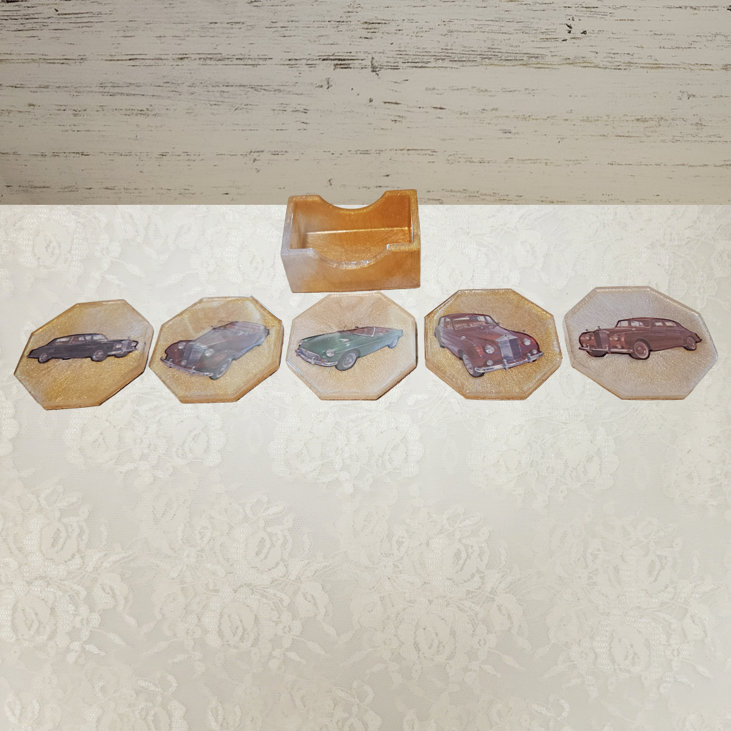 Antique Car Coasters and Holder, Set 1
