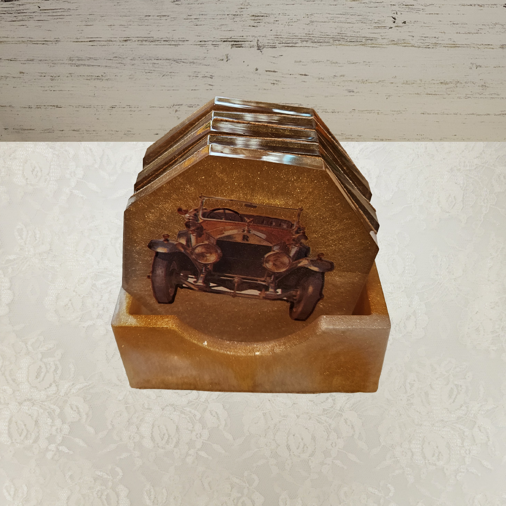Antique Car Coasters and Holder, Set 2