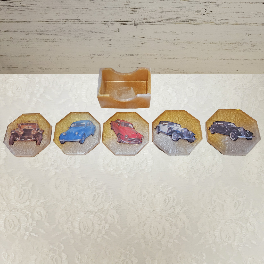 Antique Car Coasters and Holder, Set 2