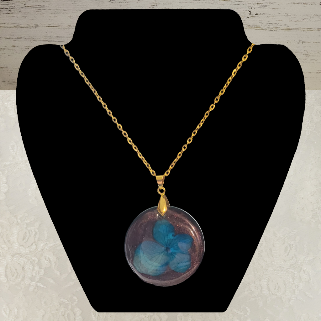 Brown Circle Blue Flower Necklace - Gold Chain