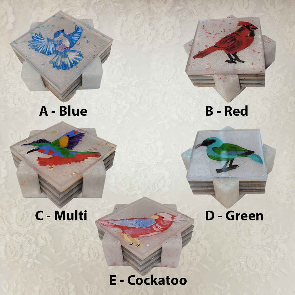 Bird Coasters, Hand-Painted and Holder