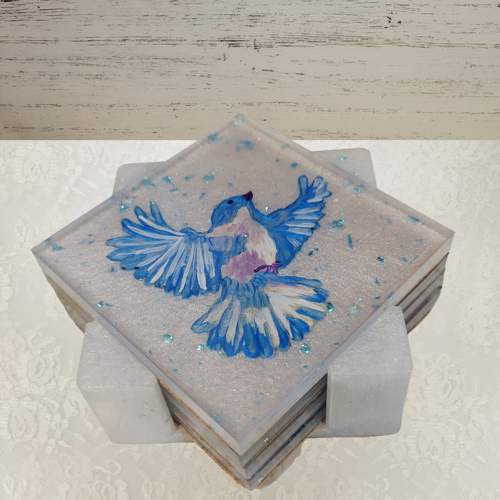 Bird Coasters, Hand-Painted and Holder