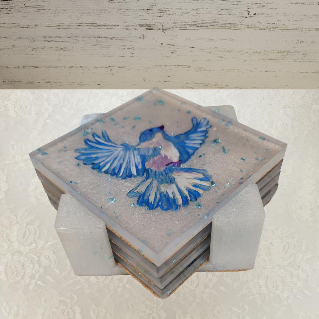 Bird Coasters, Hand-Painted and Holder