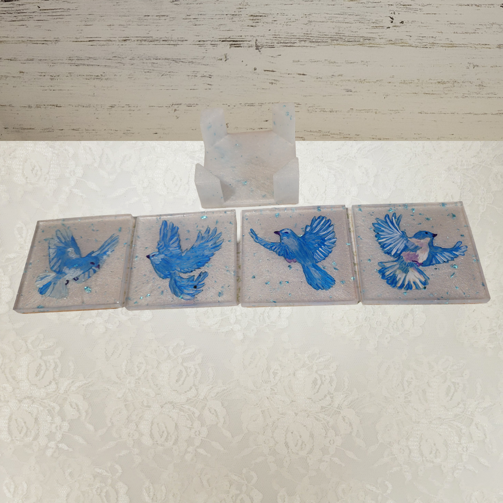 Bird Coasters, Hand-Painted and Holder