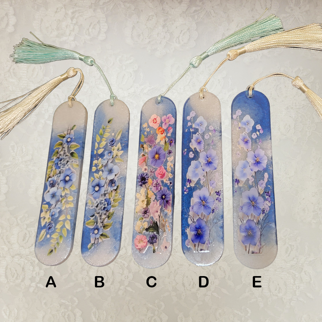 Bookmarks, Blue and White with Flowers