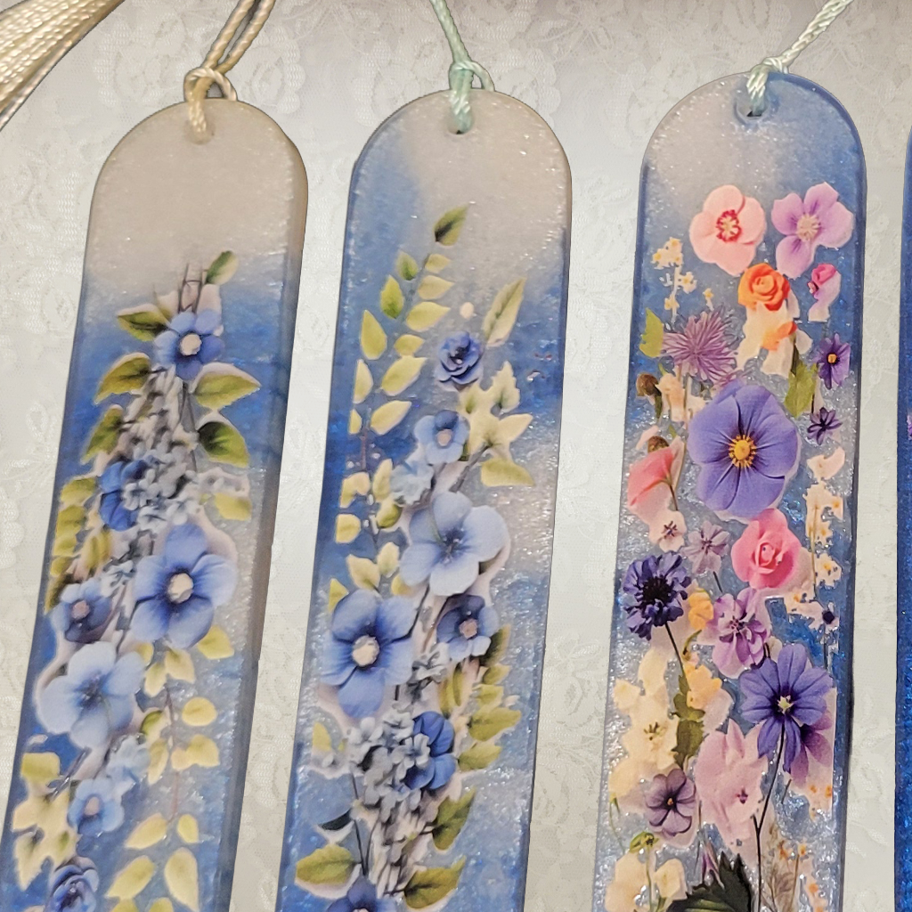 Bookmarks, Blue and White with Flowers