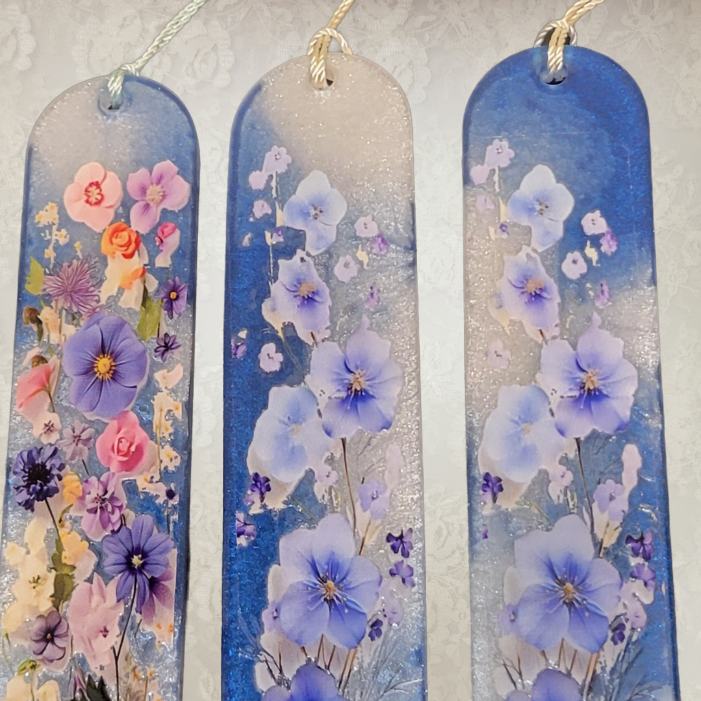 Bookmarks, Blue and White with Flowers