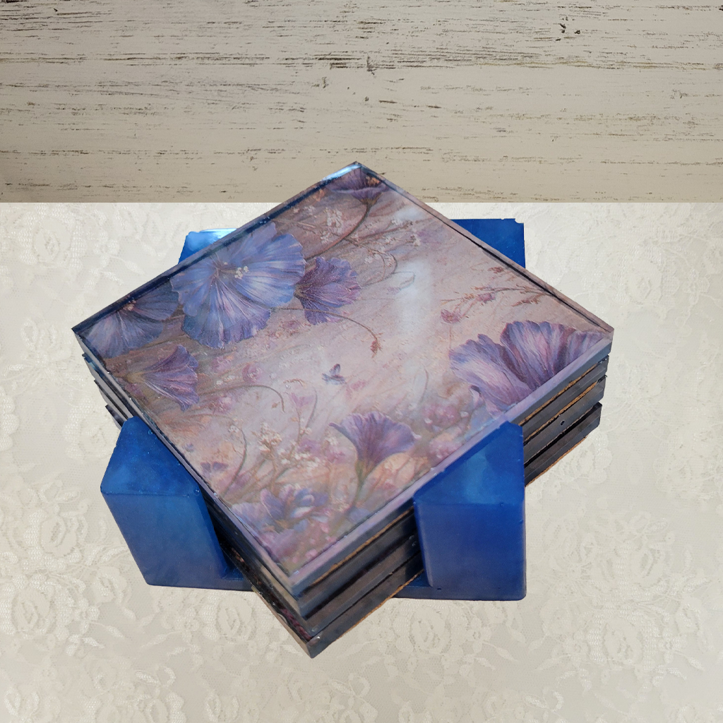 Square Coasters, Floral, Gemstone and Holder