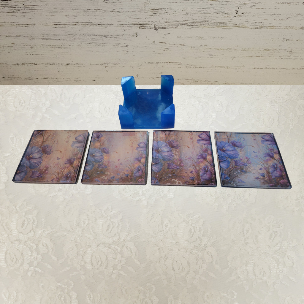 Square Coasters, Floral, Gemstone and Holder