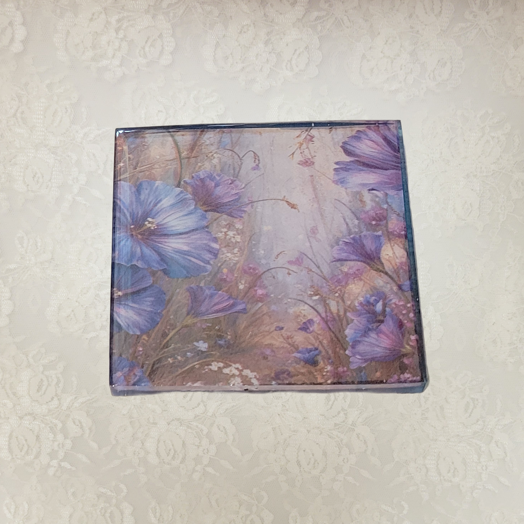 Square Coasters, Floral, Gemstone and Holder