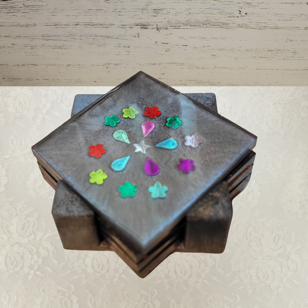 Square Coasters, Floral, Gemstone and Holder
