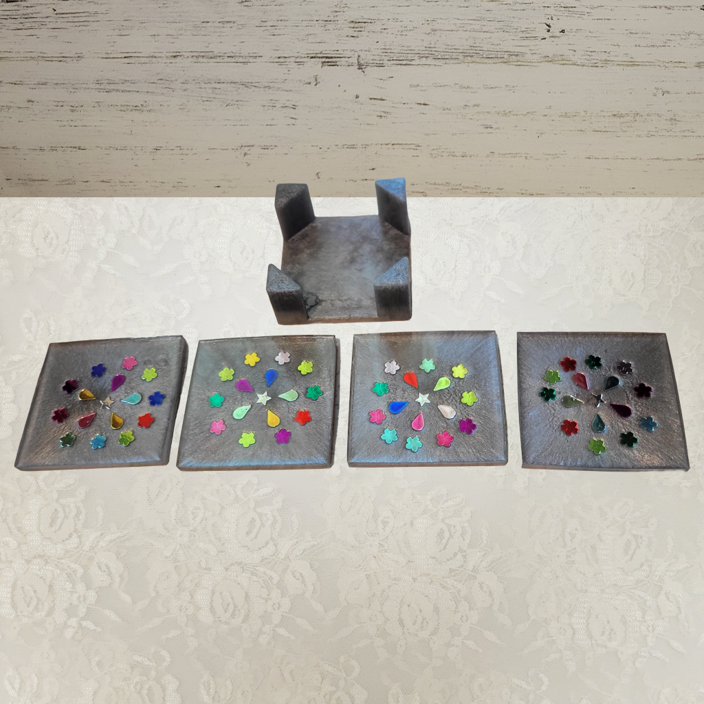 Square Coasters, Floral, Gemstone and Holder