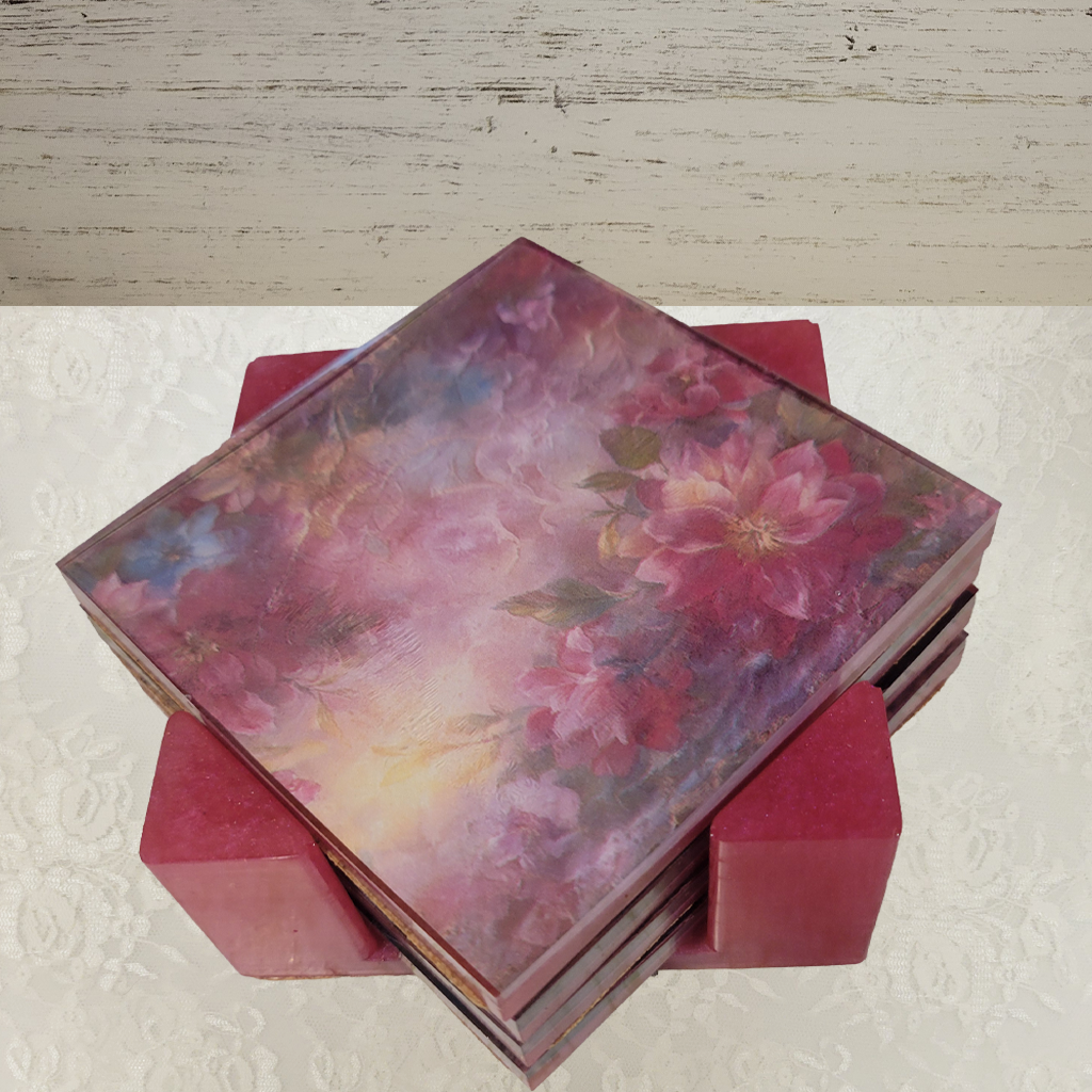 Square Coasters, Floral, Gemstone and Holder