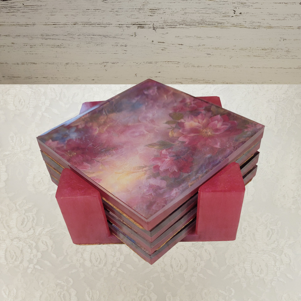 Square Coasters, Floral, Gemstone and Holder