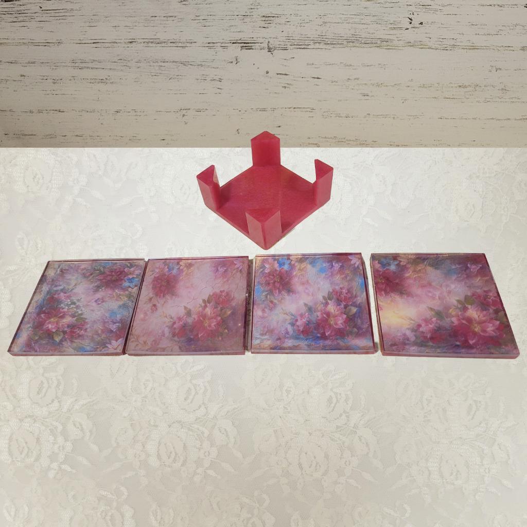 Square Coasters, Floral, Gemstone and Holder