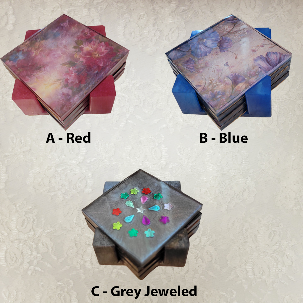 Square Coasters, Floral, Gemstone and Holder