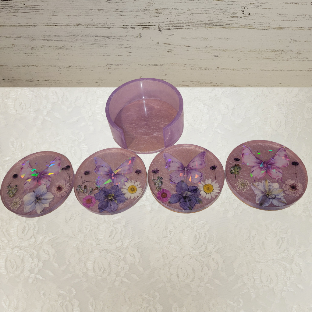 Flower and Butterfly Coasters with Holder