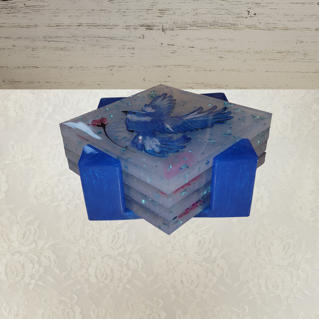 Square Coasters with Hand-Painted Blue Birds and Holder