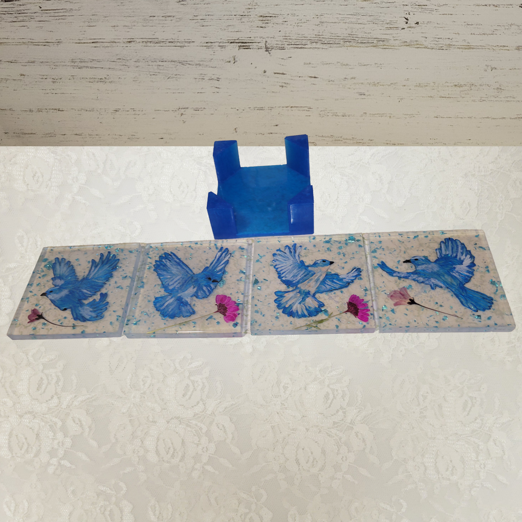 Square Coasters with Hand-Painted Blue Birds and Holder