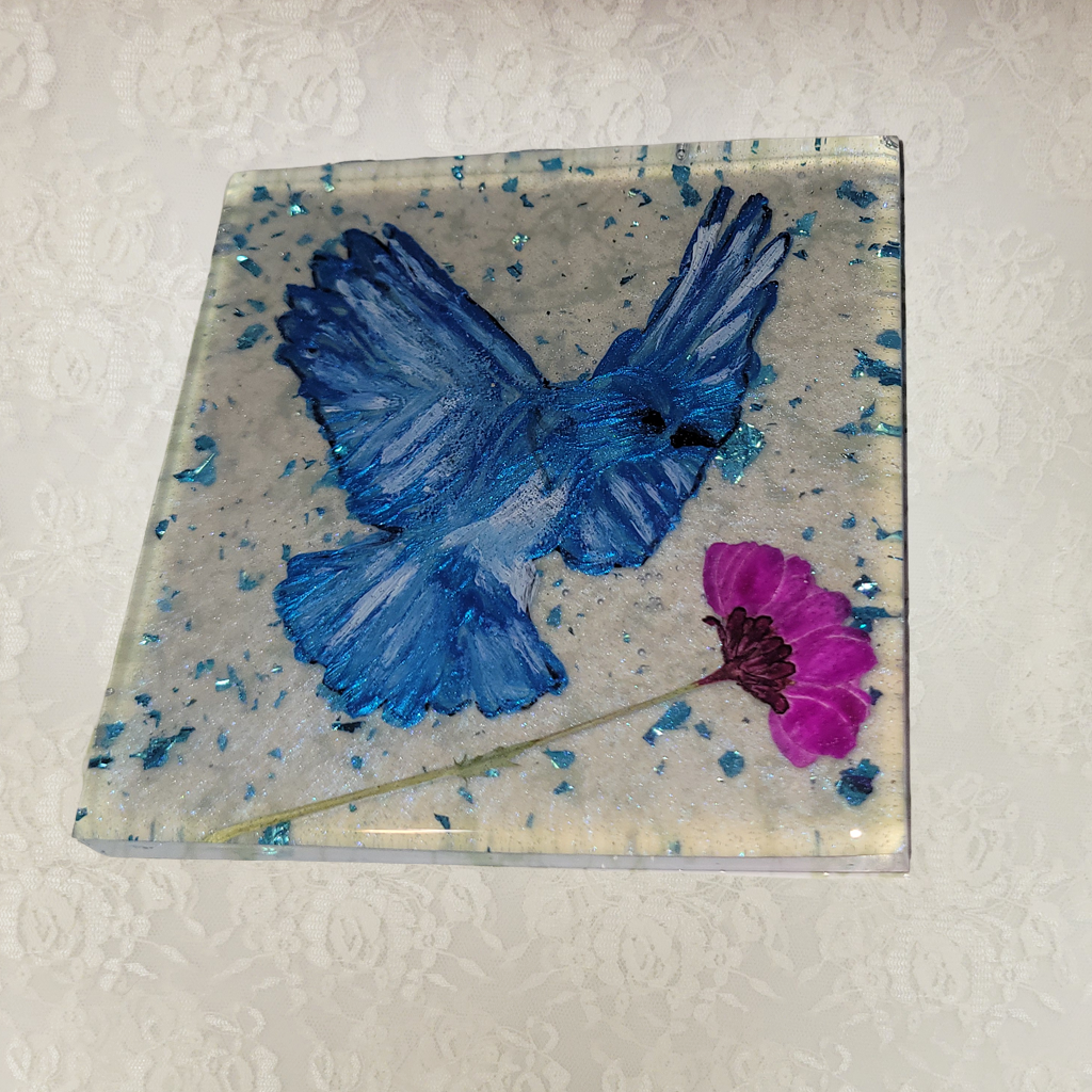 Square Coasters with Hand-Painted Blue Birds and Holder