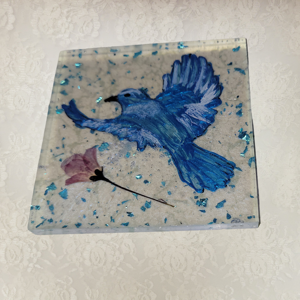 Square Coasters with Hand-Painted Blue Birds and Holder