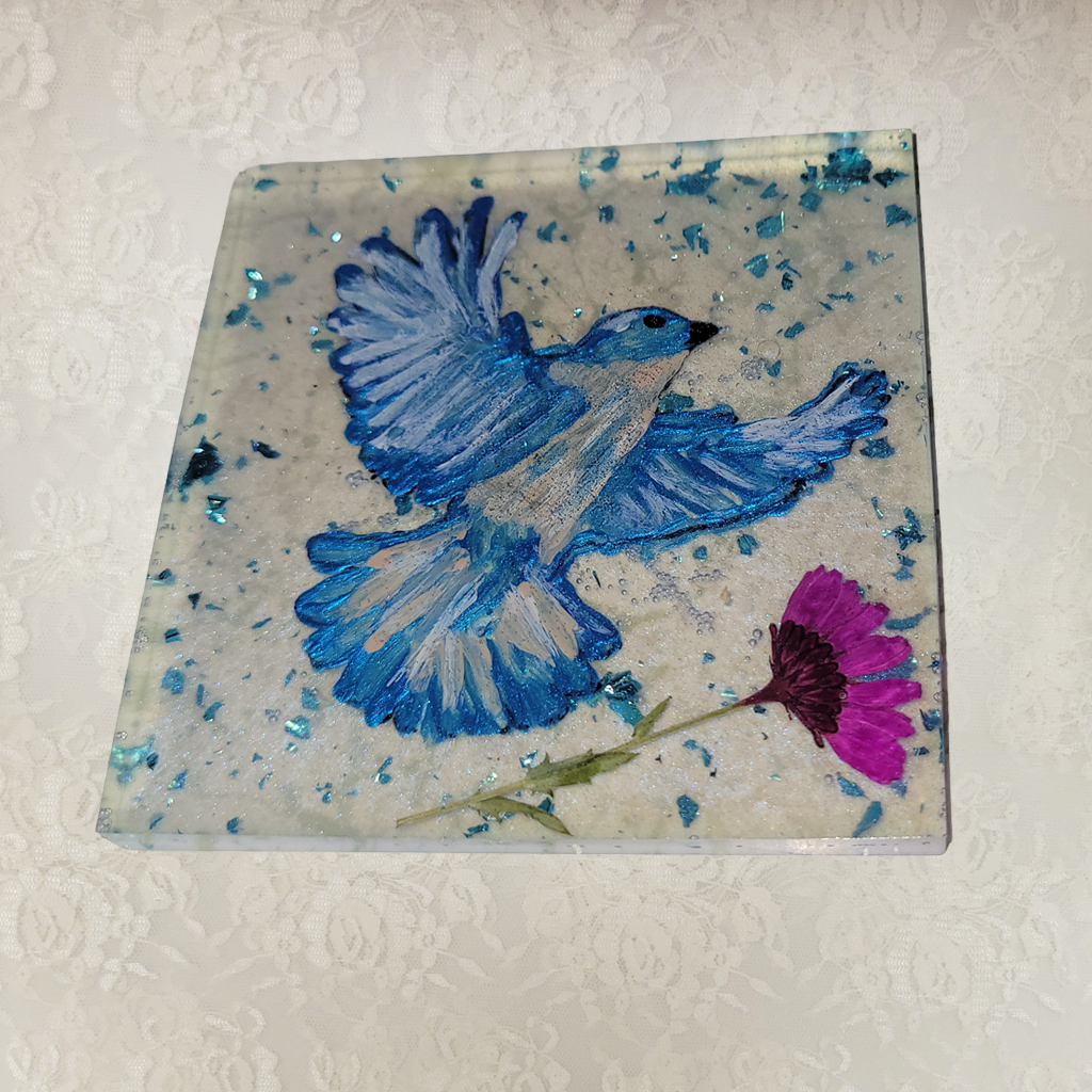 Square Coasters with Hand-Painted Blue Birds and Holder