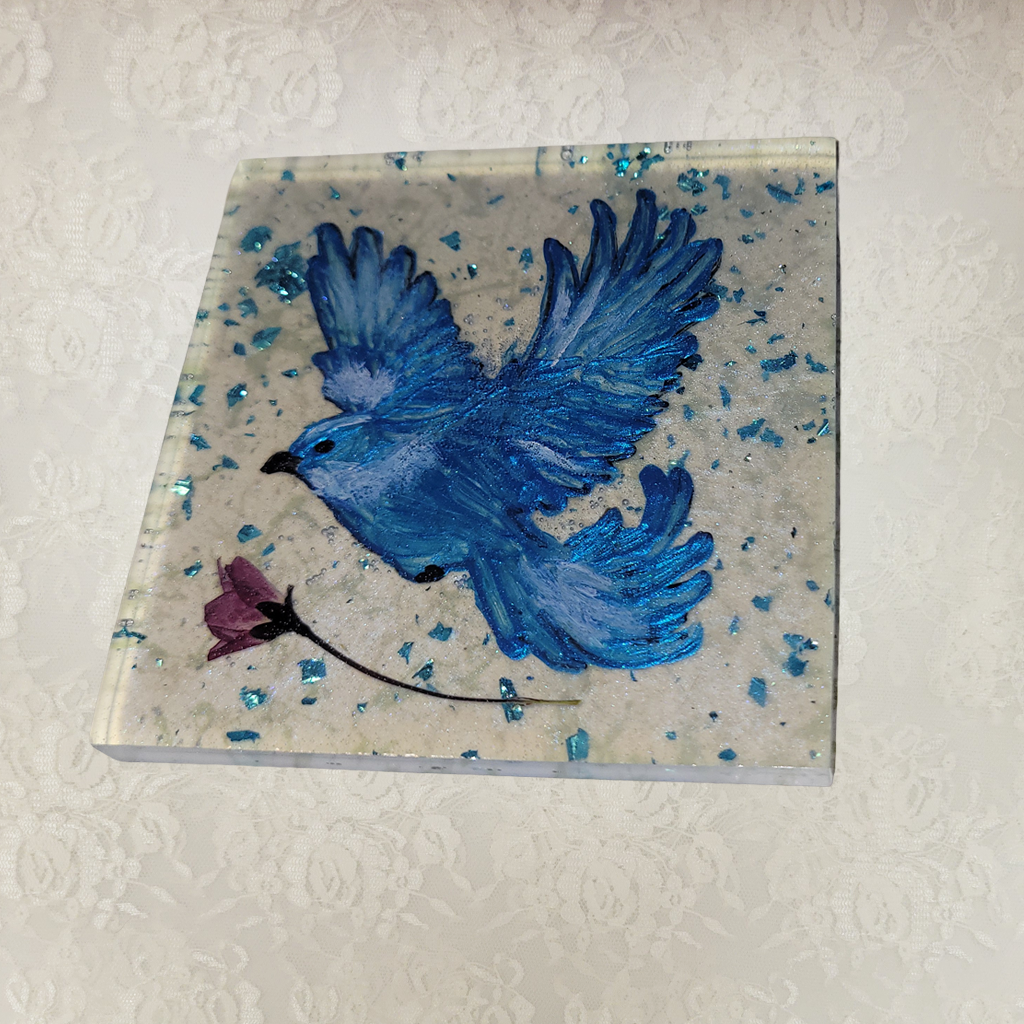 Square Coasters with Hand-Painted Blue Birds and Holder