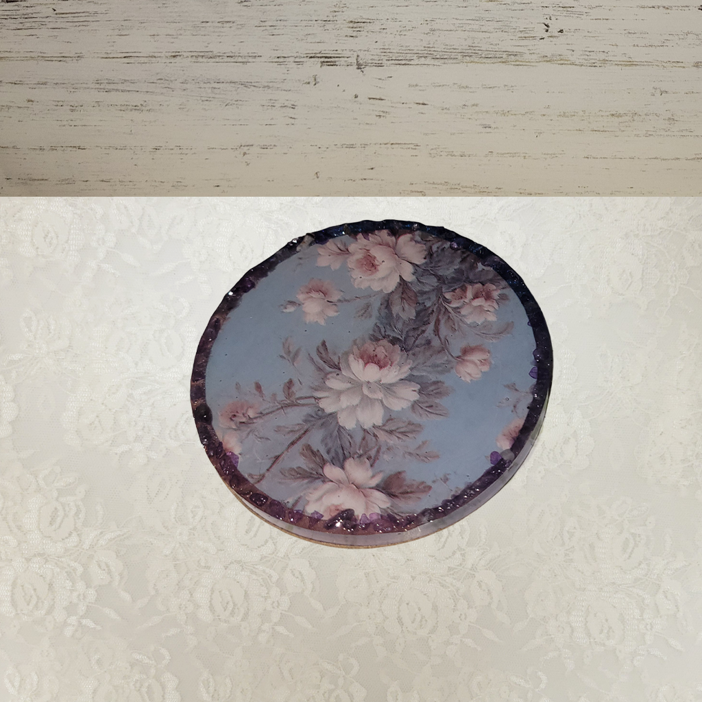 Round Vintage Floral Coasters with Gemstone Perimeter and Holder