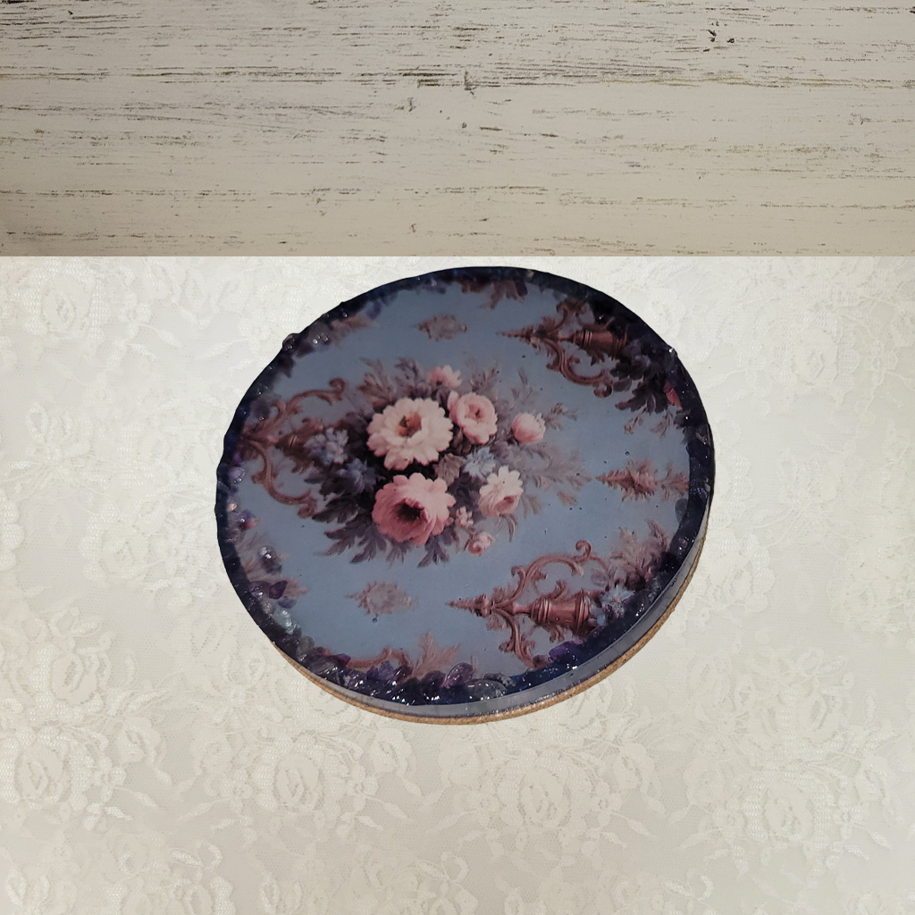 Round Vintage Floral Coasters with Gemstone Perimeter and Holder