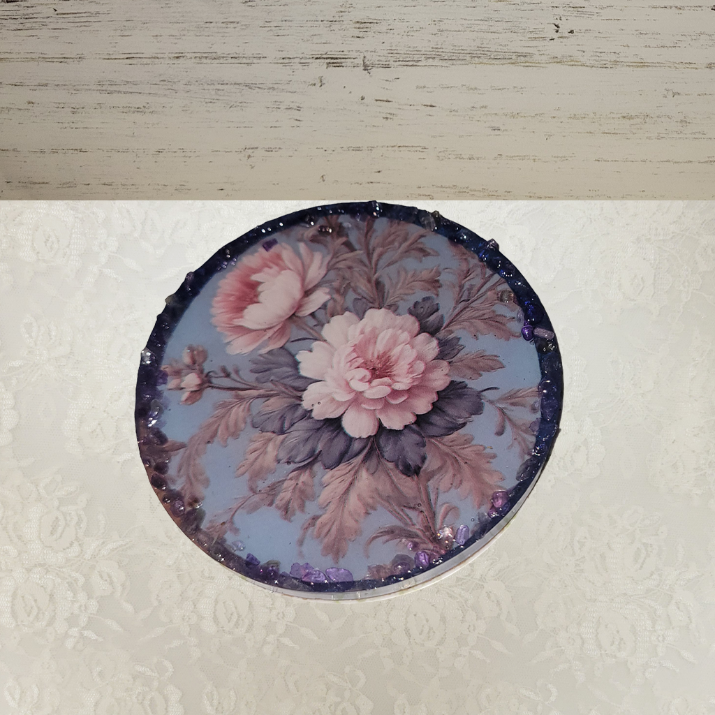 Round Vintage Floral Coasters with Gemstone Perimeter and Holder