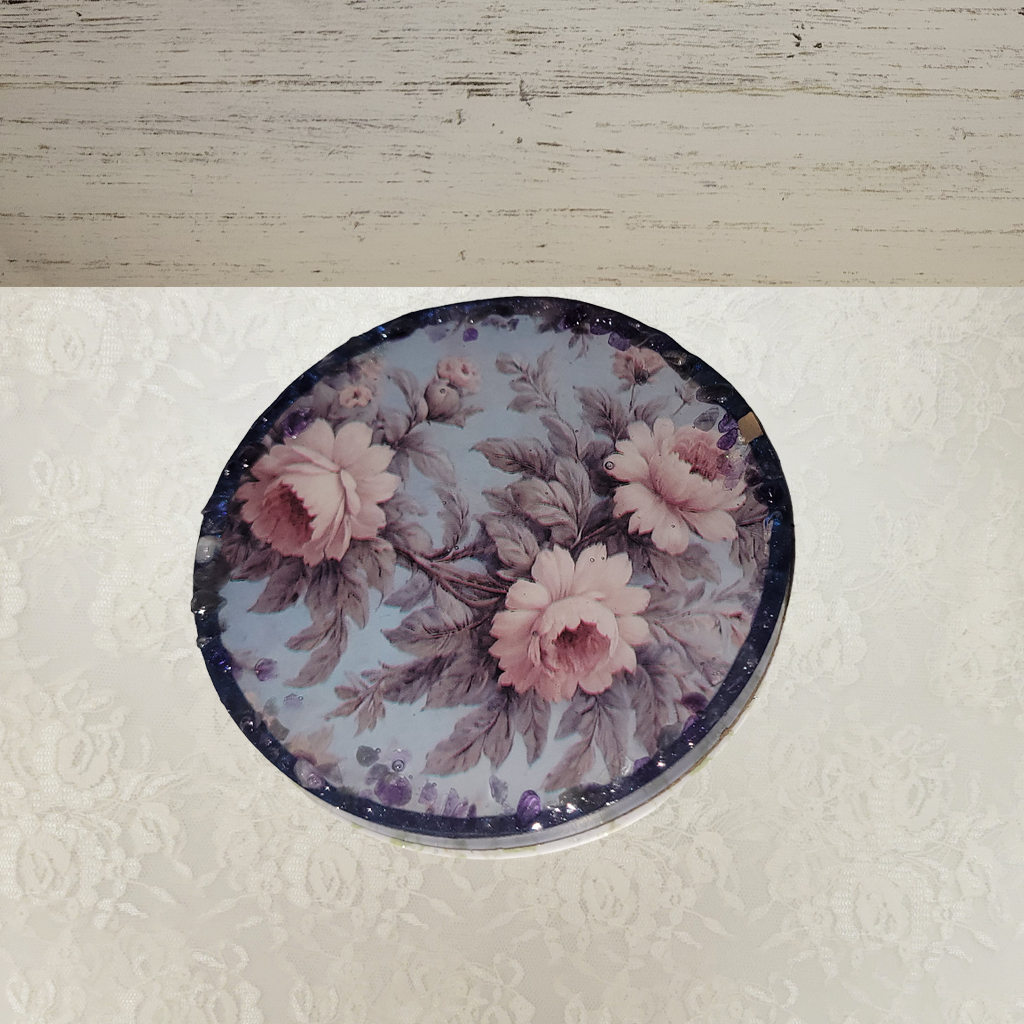 Round Vintage Floral Coasters with Gemstone Perimeter and Holder