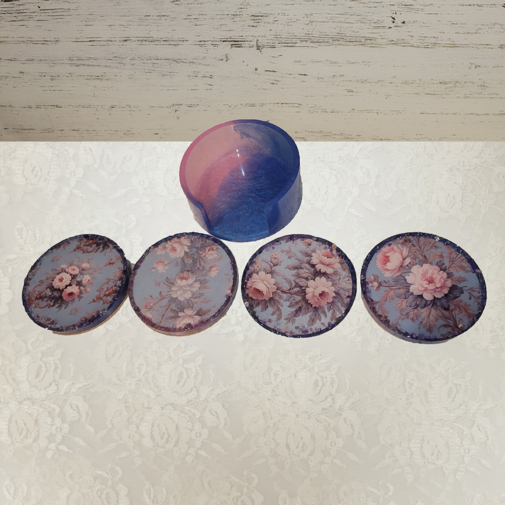 Round Vintage Floral Coasters with Gemstone Perimeter and Holder