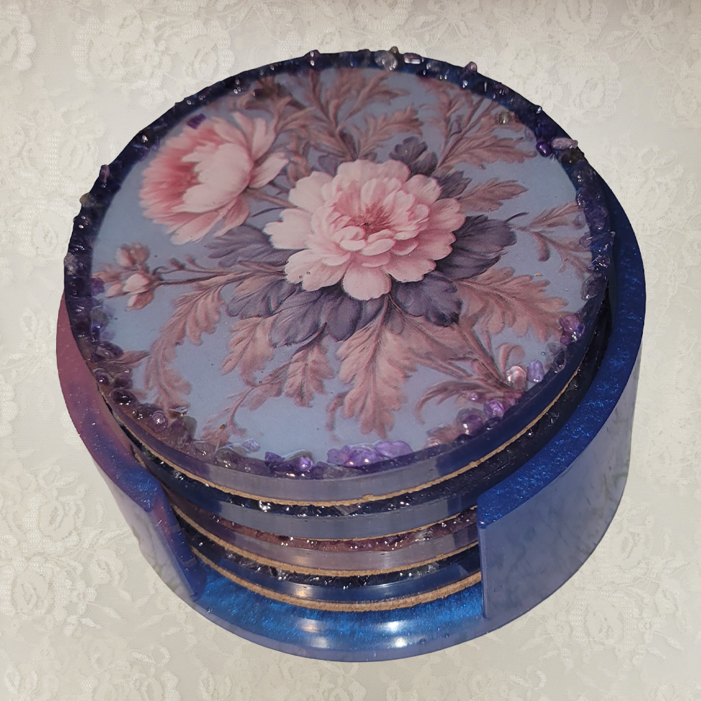 Round Vintage Floral Coasters with Gemstone Perimeter and Holder