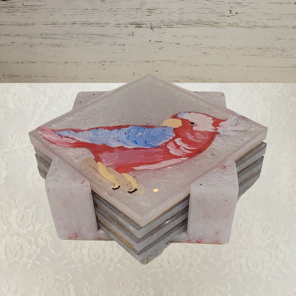 Bird Coasters, Hand-Painted and Holder