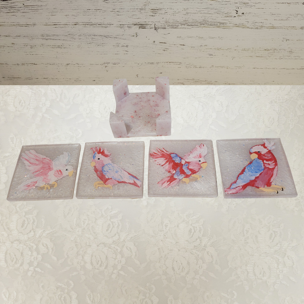 Bird Coasters, Hand-Painted and Holder