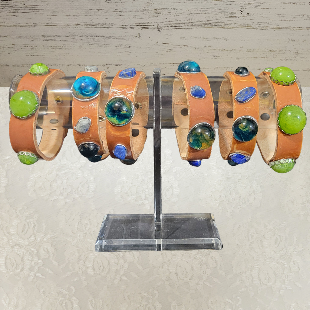 Distressed Leather Bracelet with Resin & Gemstones