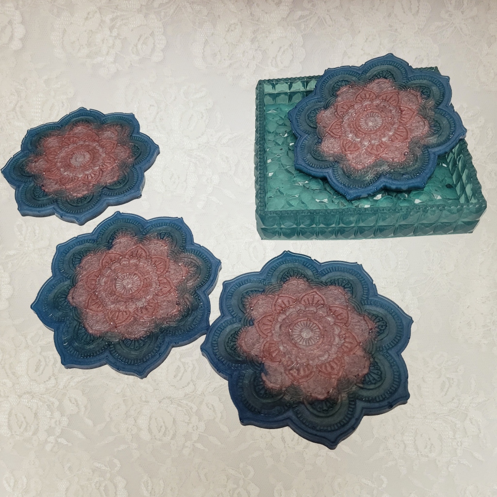 Flower Coasters and Holder, 4 Pack