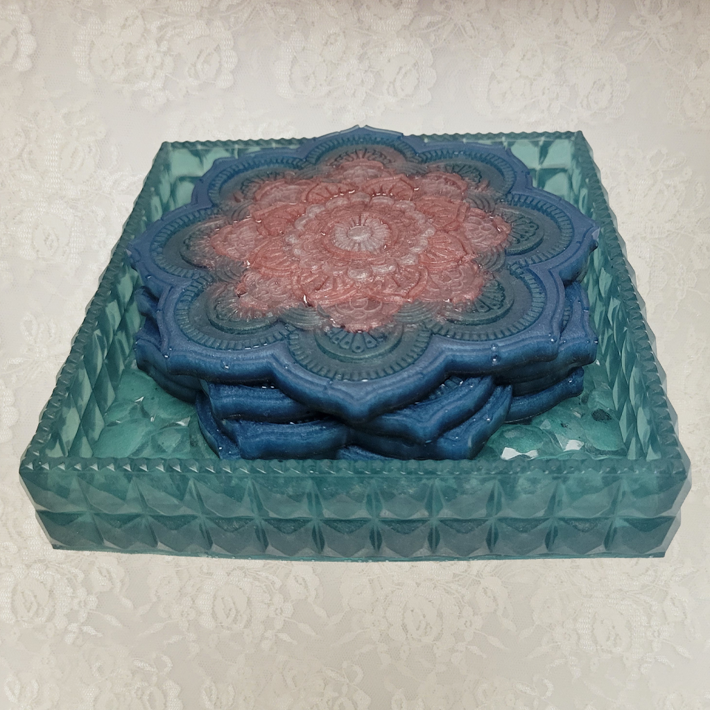 Flower Coasters and Holder, 4 Pack