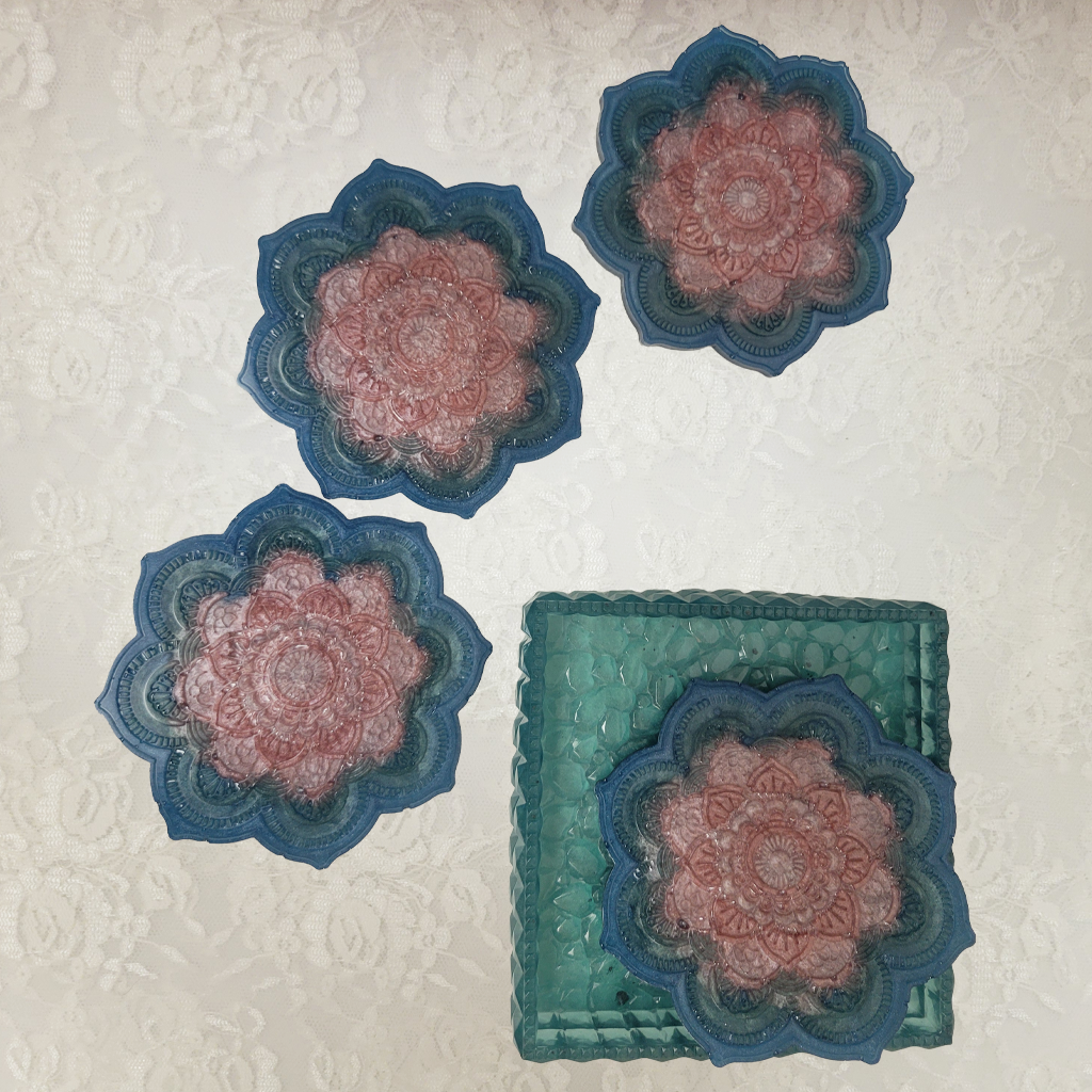 Flower Coasters and Holder, 4 Pack