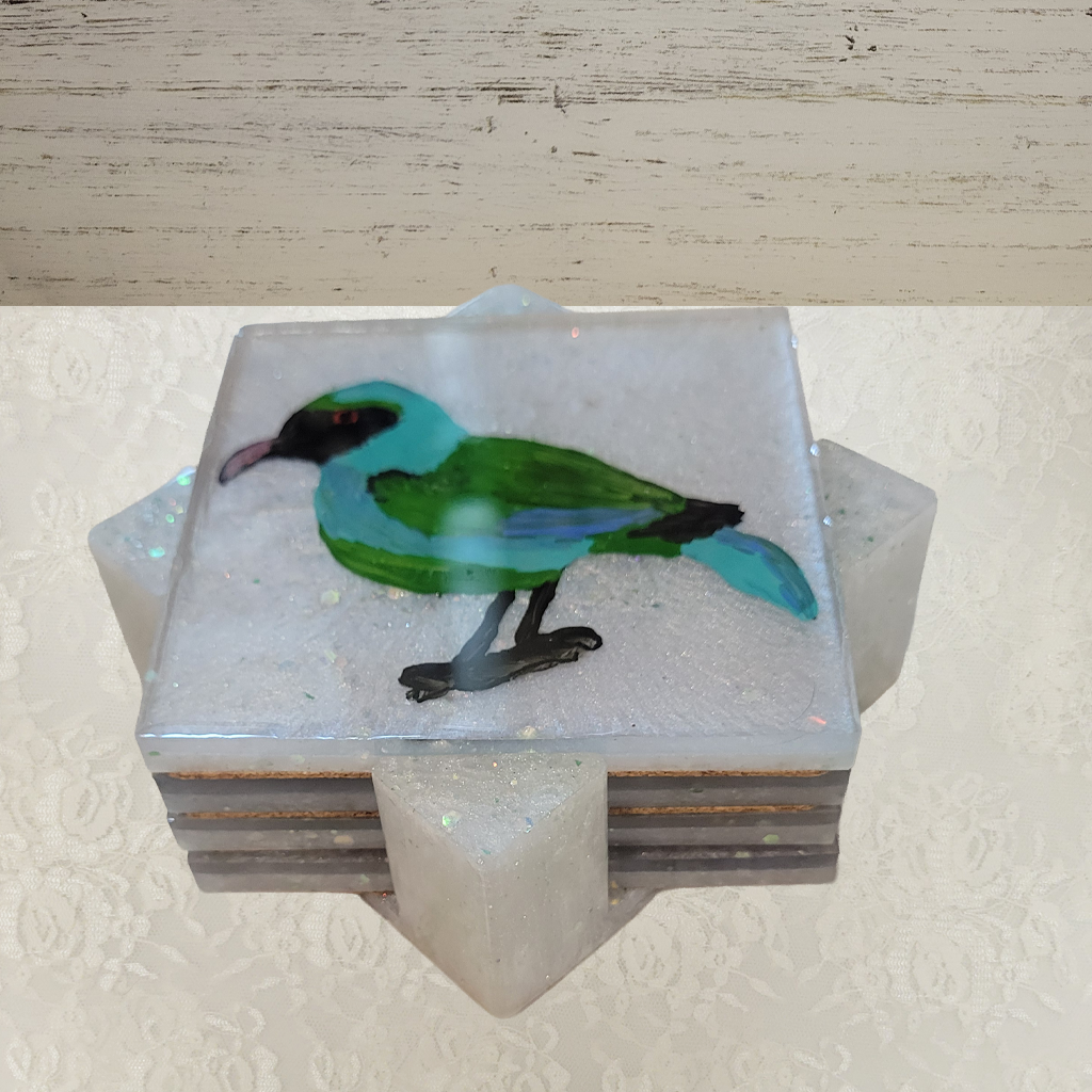 Bird Coasters, Hand-Painted and Holder