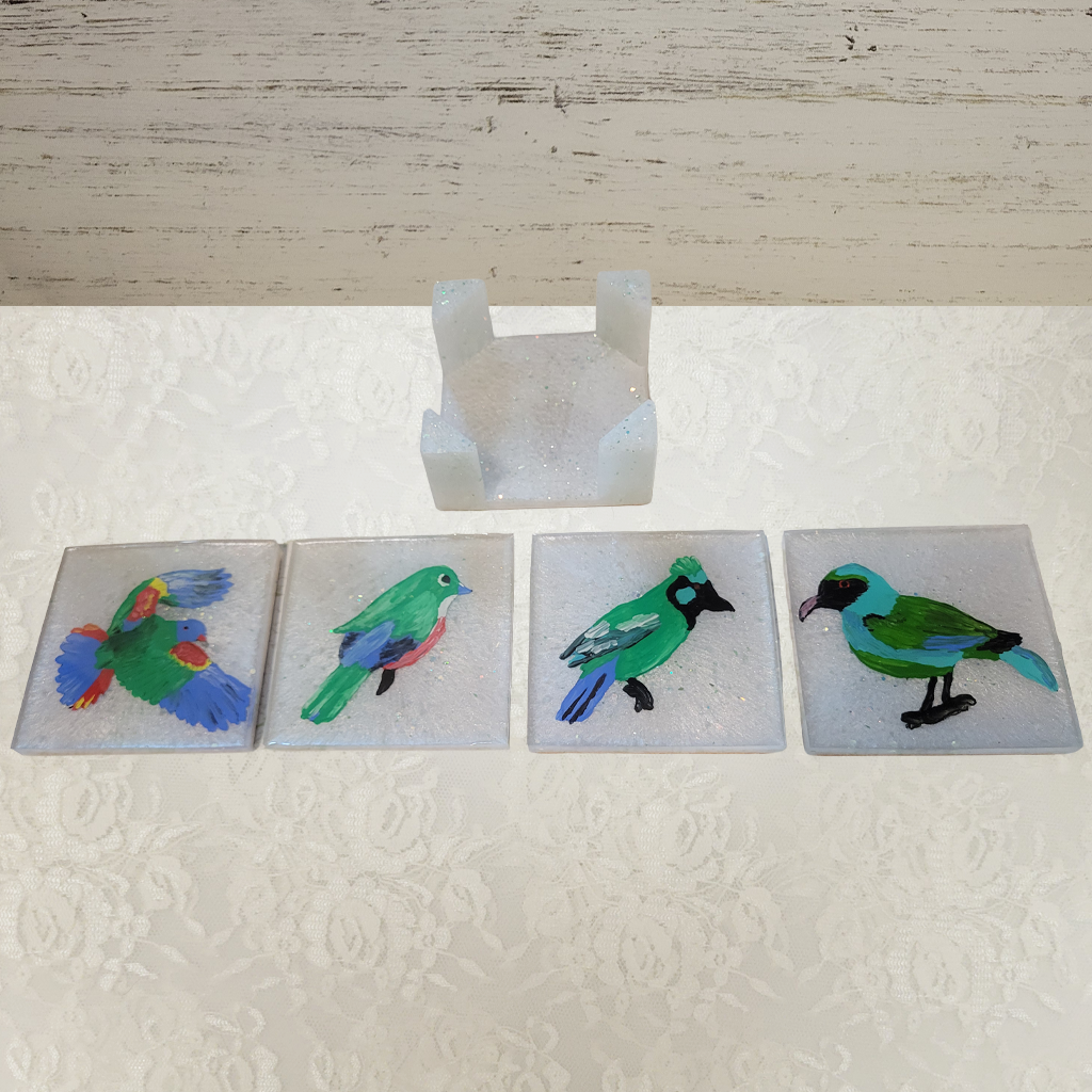 Bird Coasters, Hand-Painted and Holder