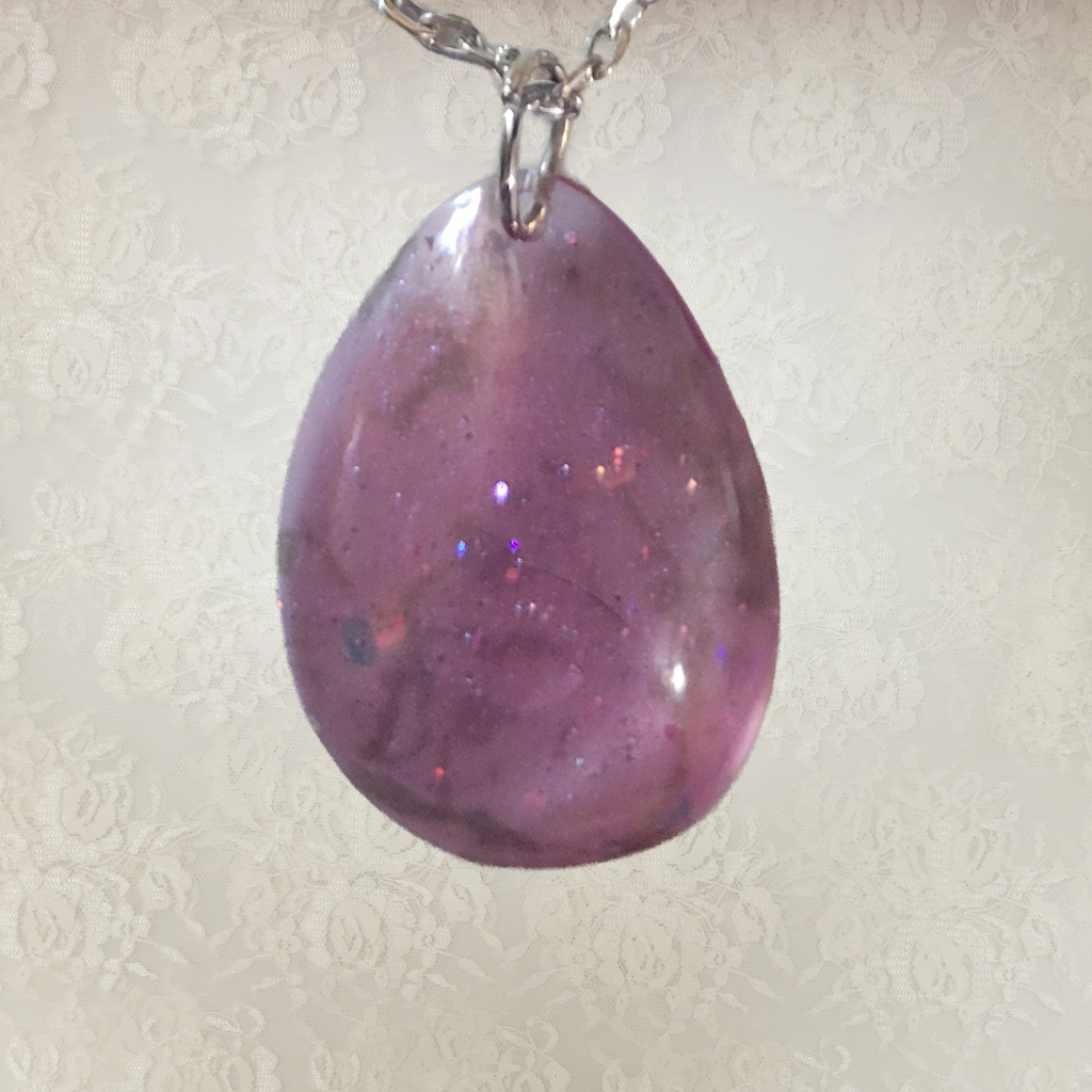 Small Pink Oval Necklace - Silver Chain