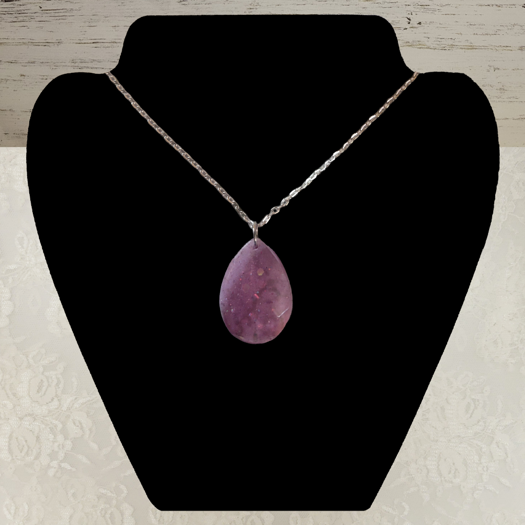 Small Pink Oval Necklace - Silver Chain