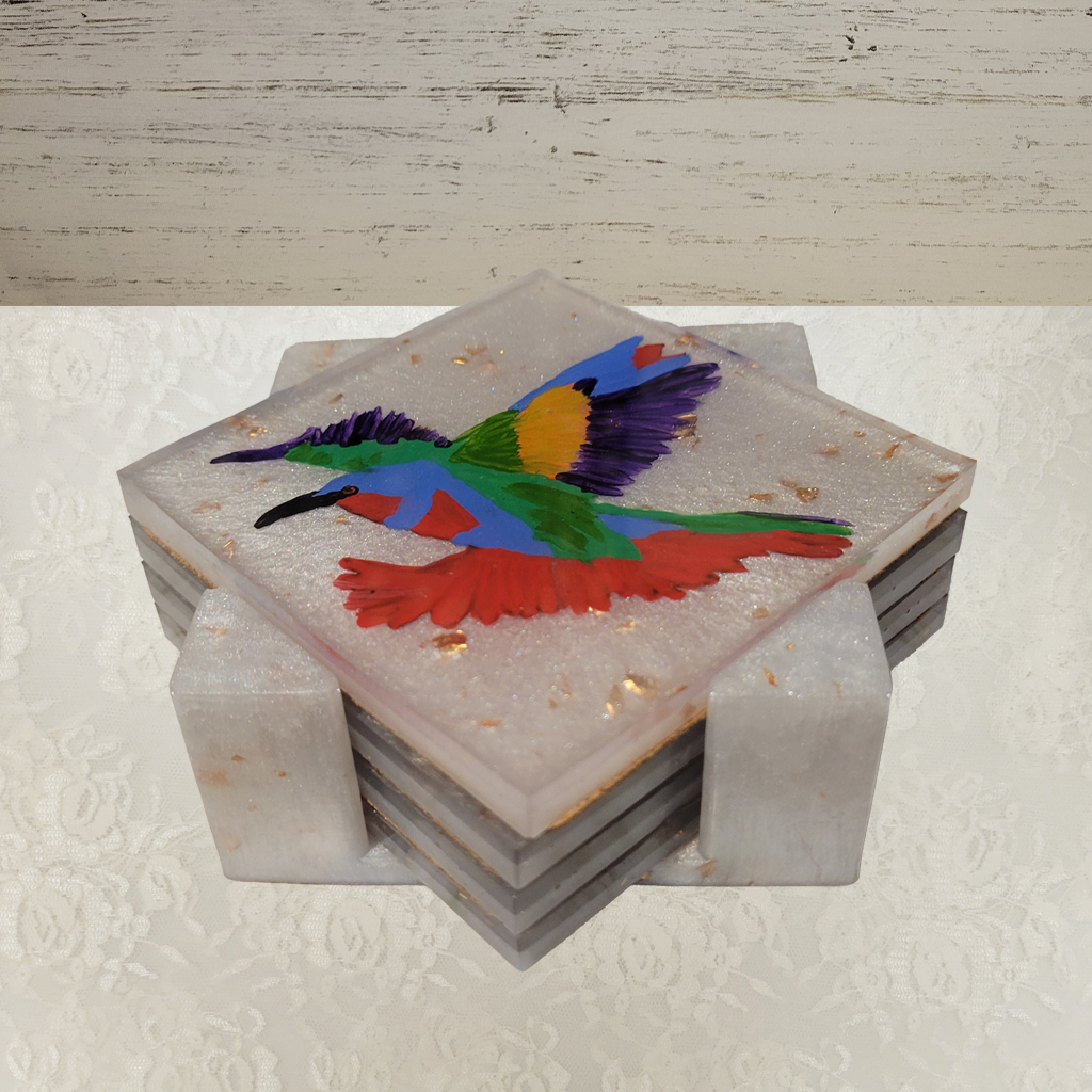 Bird Coasters, Hand-Painted and Holder