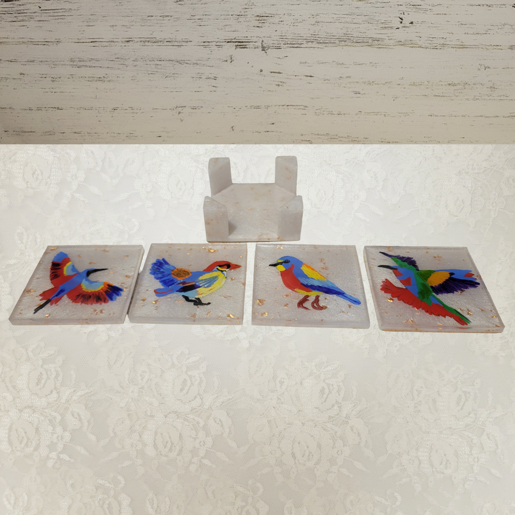 Bird Coasters, Hand-Painted and Holder