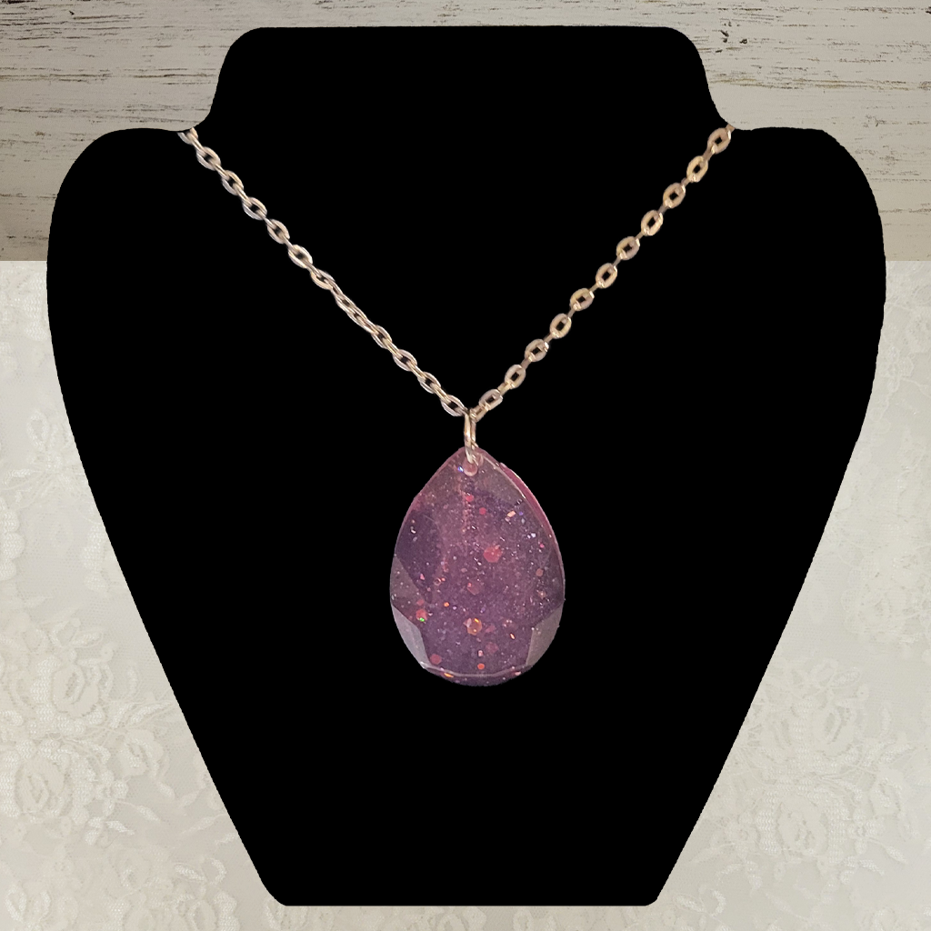 Pink Oval Necklace - Silver Chain